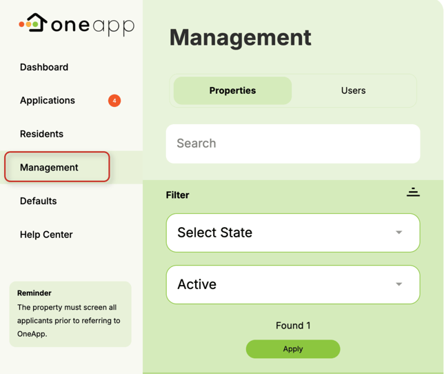 Management Properties Page in OneApp