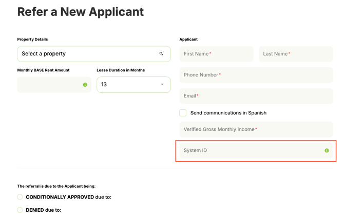 System ID - the applicant's ID in your Property Management System