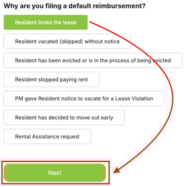 Example Default Reason selected - Select Next