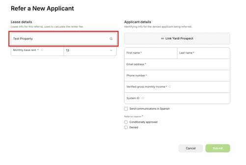 Yardi referral - select property