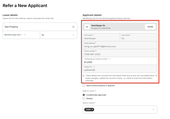 yardi referral - prospect selected