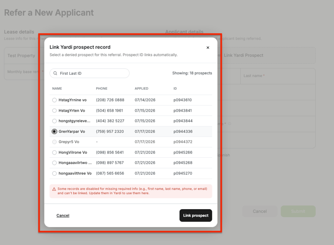 Yardi referral - Prospect list